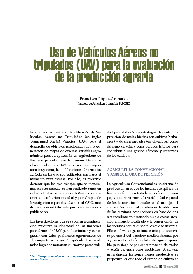 Uso de Vehículos Aéreos No tripulados (UAV) para la evaluación de la producción agraria