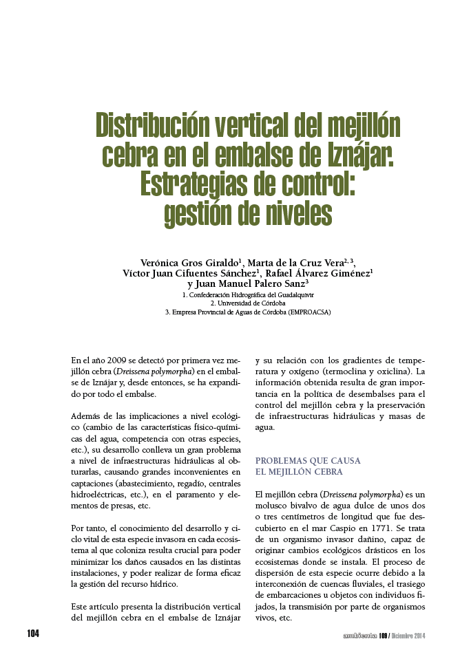 Distribución vertical del mejillón cebra en el embalse de Iznájar