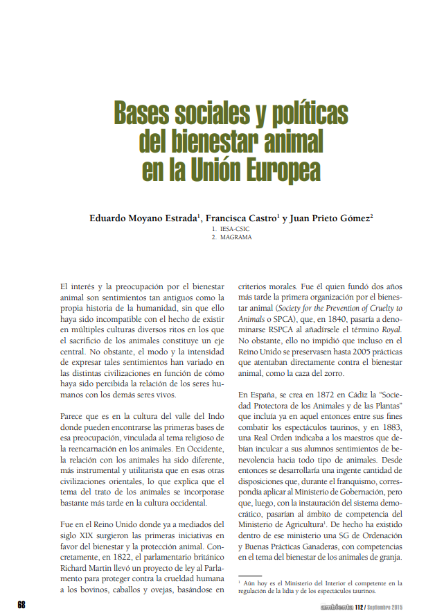 Bases sociales y políticas del bienestar animal en la Unión Europea