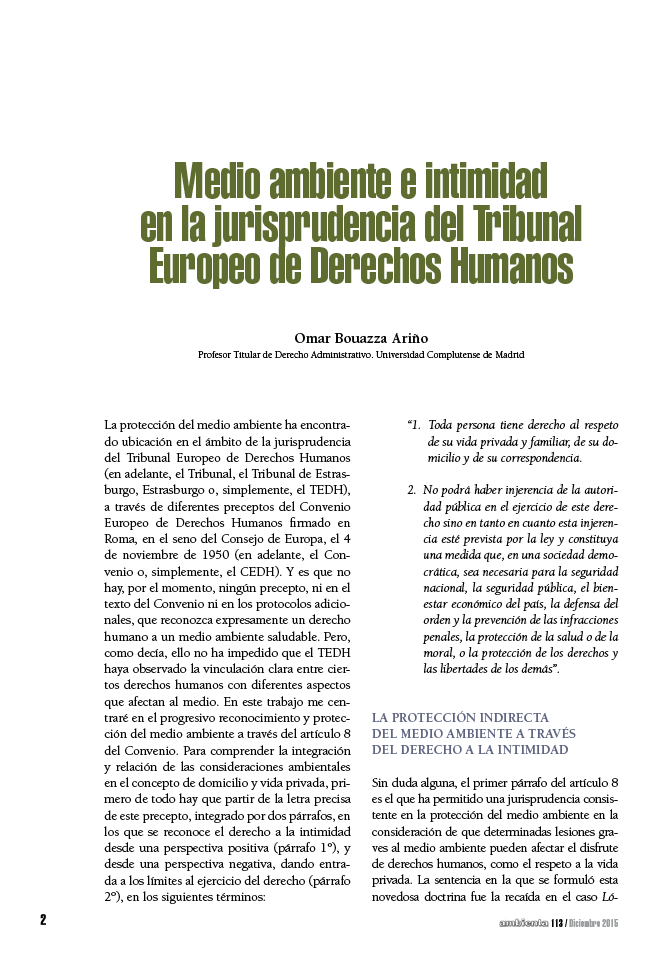 Medio ambiente e intimidad en la jurisprudencia del Tribunal Europeo de Derechos Humanos