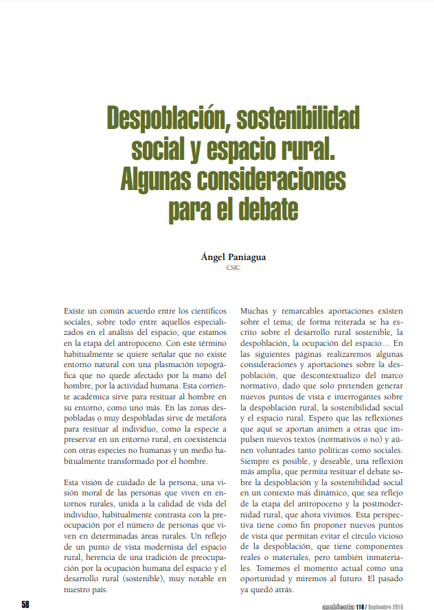 Despoblación, sostenibilidad social y espacio rural