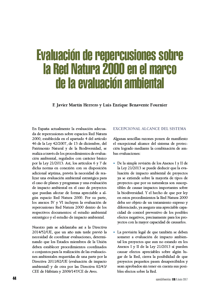 Evaluación de repercusiones sobre la Red Natura 2000 en el marco de la evaluación ambiental