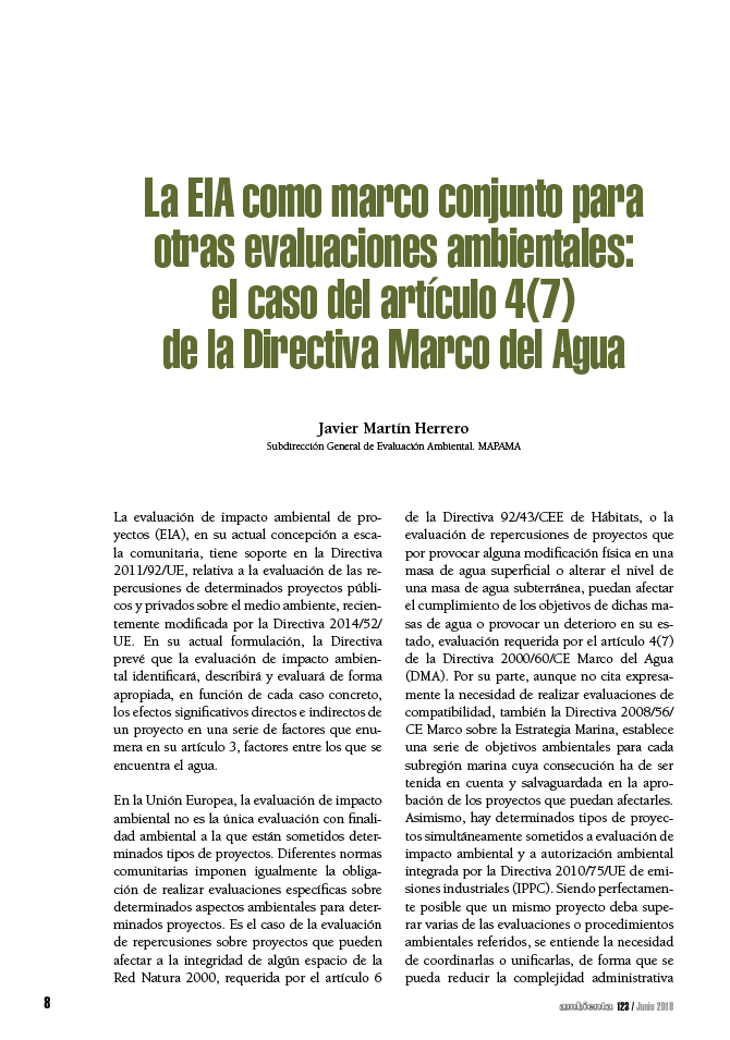 La EIA como marco conjunto para otras evaluaciones ambientales: el caso del artículo 4(7) de la Directiva Marco del Agua