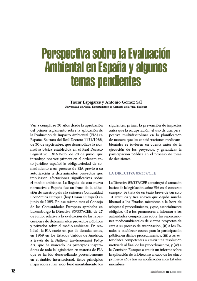 Perspectiva sobre la Evaluación Ambiental en España y algunos temas pendientes