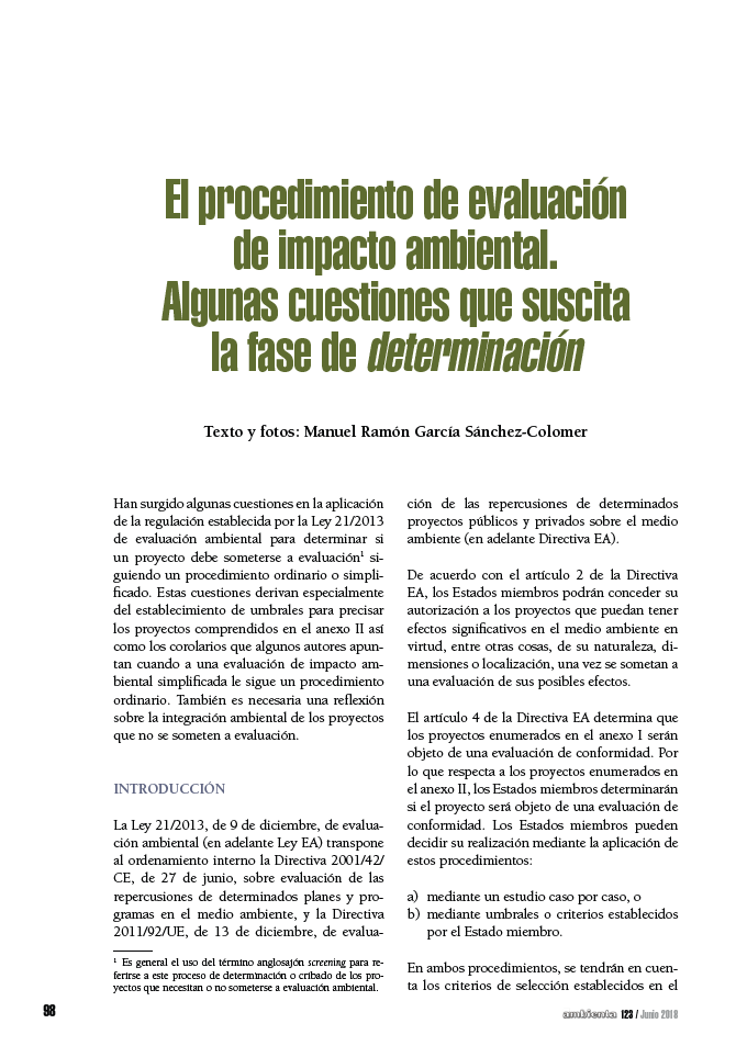 El procedimiento de Evaluación de Impacto Ambiental. Algunas cuestiones que suscita la fase de determinación