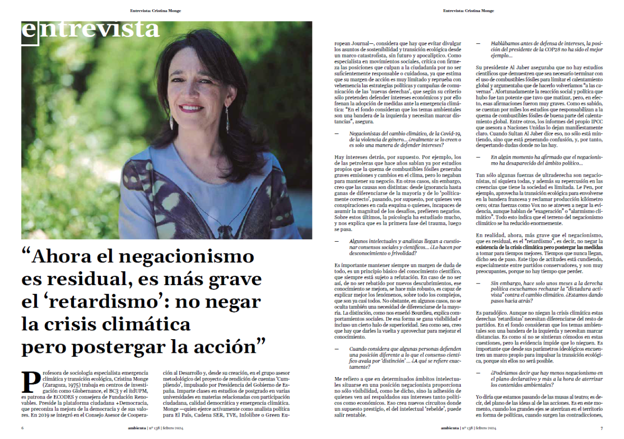 Entrevista a Cristina Monge Profesora de sociología especialista emergencia climática y transición ecológica